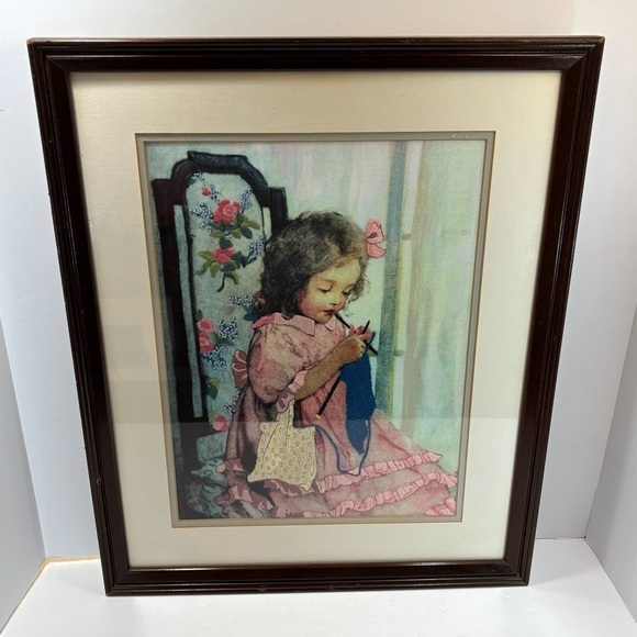 Vtg “Alice Knitting” Crewel Embroidery Framed Jessie Wilcox Smith Art 22x17” - Picture 1 of 10